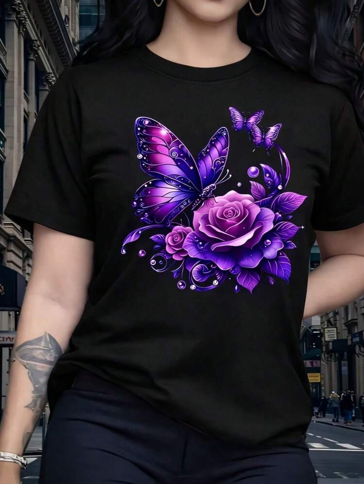 Camiseta Feminina Borboleta Blusa Gola Redonda 100% Algodão - Preto - Visão 1