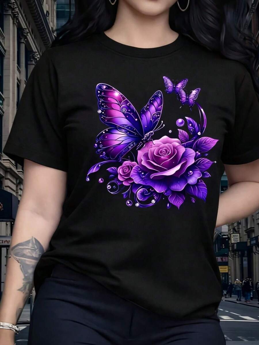 Women's Butterfly T-Shirt, Round Neck Blouse, 100% Cotton - 黑色 - 查看 1