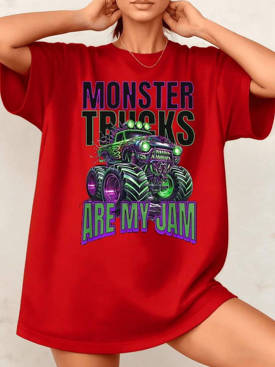 Women's Monster Truck Graphic Print T Shirt They Are My Jam 100% Cotton Round Neck Tee Short Sleeve Loose Fit Tops, Daily Casual Wear, Street Style 1Pcs, They Are Excellent Gifts For Friends And Family - Đỏ - Xem 1