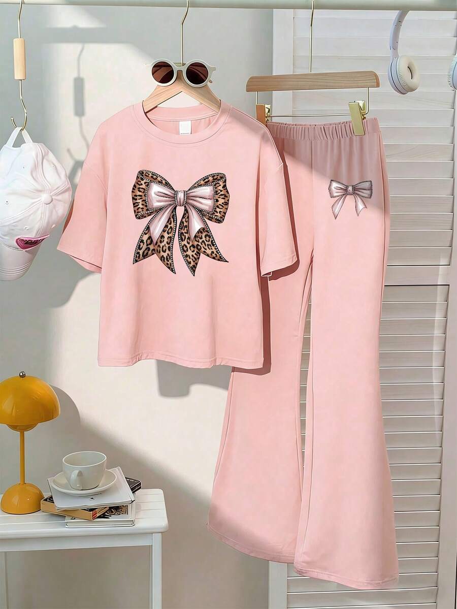 2pcs/Set Girls Leopard Print Bow Decor Short Sleeve T-Shirt + Flare Pants, Spring/Summer Outfit - Pink - View 1
