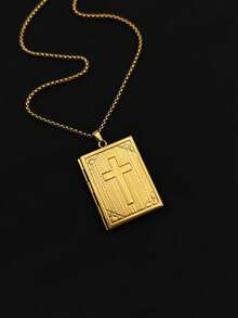 1pc Stainless Steel Square Cross Book Photo Locket Pendant Necklace For Men & Women - Yellow Gold - View 2