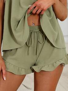 Women's Summer Lounge Set Ruffle Shoulder Strap Tank Tops Drawstring Shorts Sleepwear Sets - màu xanh lá - Xem 5