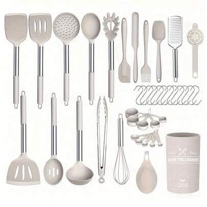 2/12/24/40pcs Silicone Kitchenware Set, Cooking Utensils Set, Non-Stick Heat Resistant Spatulas, Kitchen Cookware Set For Baking, Cooking And Mixing, Stainless Steel Handle With Storage Rack