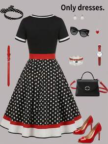 Women's Retro Black And White Polka Dot Midi Dress With Elegant V Neck Short Sleeves And Flared A Line Skirt - Black - View 3