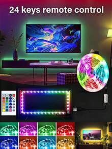 1条3.28英尺-16.4英尺LED灯带，带24键遥控器，USB RGB LED背光灯条，适用于电视、办公室、电脑屏幕、客厅、卧室、家居、派对、圣诞树、游戏室 - 安装简便，多种颜色可选，可调光 - 彩色 - 查看 1