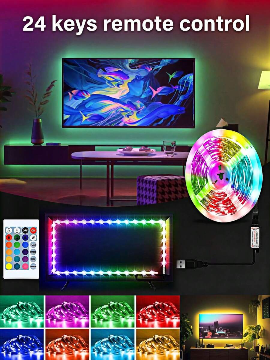 1条3.28英尺-16.4英尺LED灯带,带24键遥控器,USB RGB LED背光灯条,适用于电视、办公室、电脑屏幕、客厅、卧室、家居、派对、圣诞树、游戏室 - 安装简便,多种颜色可选,可调光 - 彩色 - 查看 1