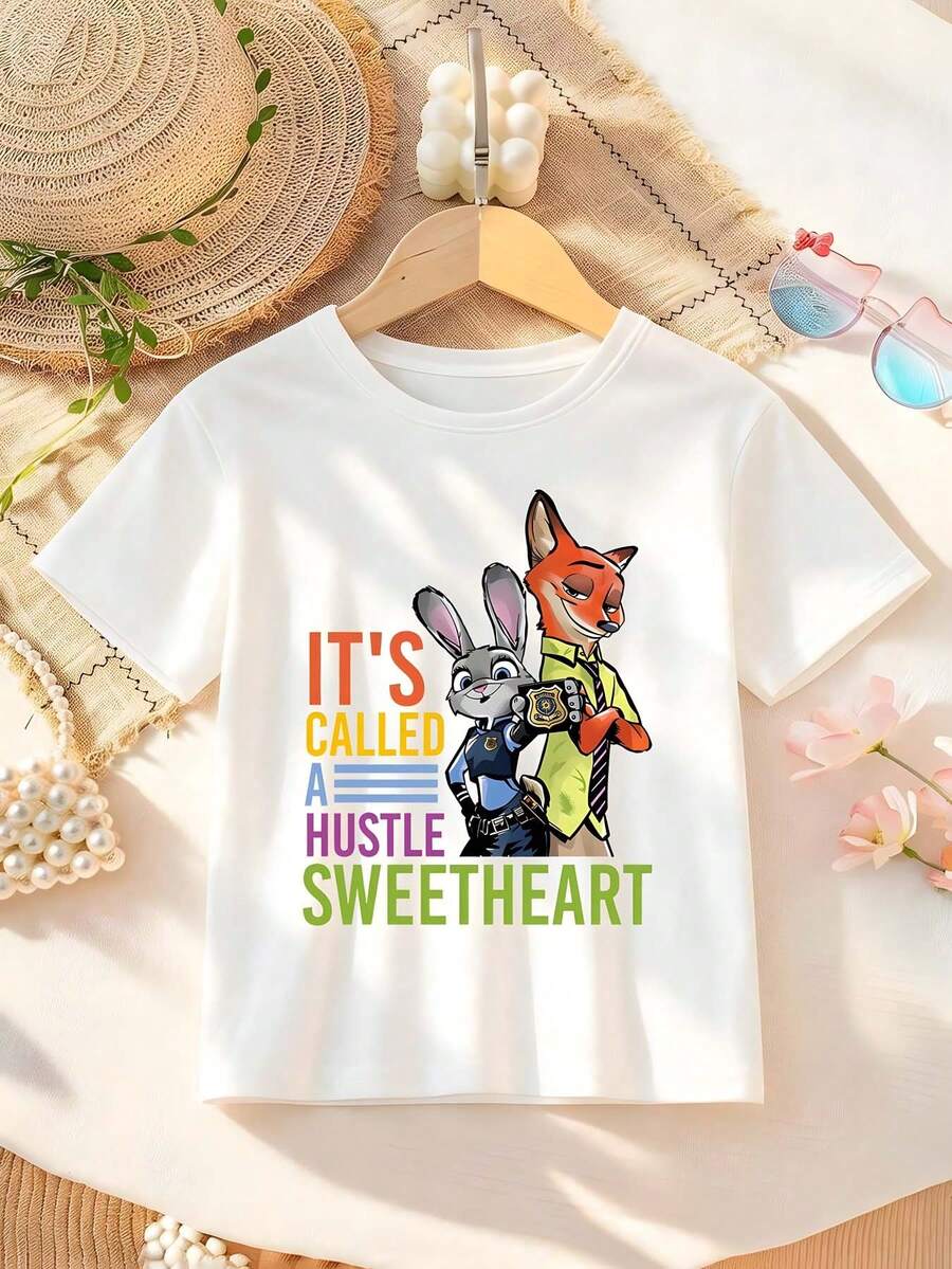 Disney Zootopia Nick Wilde And Officer Bunny Alphabet Print Pattern Girls' T-Shirt - Children's Clothing Design Short-Sleeve Casual Cute Style Comfortable And Relaxed Suitable For Boys And Girls, Perfect For Parties And Play Machine Washable Gift Children's Clothing Girls' Short-Sleeve Shirt - White - View 1