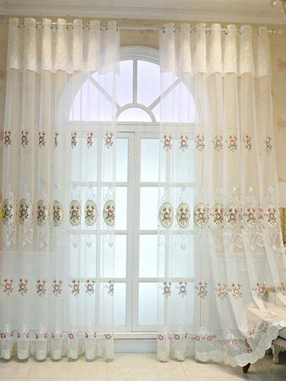 1pc European Style Embroidered White Sheer Lace Curtain, High-End Decorative Solid Color Curtain For Living Room, Bay Window, Balcony