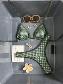 Bộ bikini kim loại kẻ caro gợi cảm phong cách Y2K 2026, áo hai dây + quần buộc dây, đồ bơi nữ, trang phục đi biển, đồ bơi xuyên thấu cho ngày Valentine, món đồ cần thiết cho kỳ nghỉ hè. - kẻ sọc xanh - Xem 3
