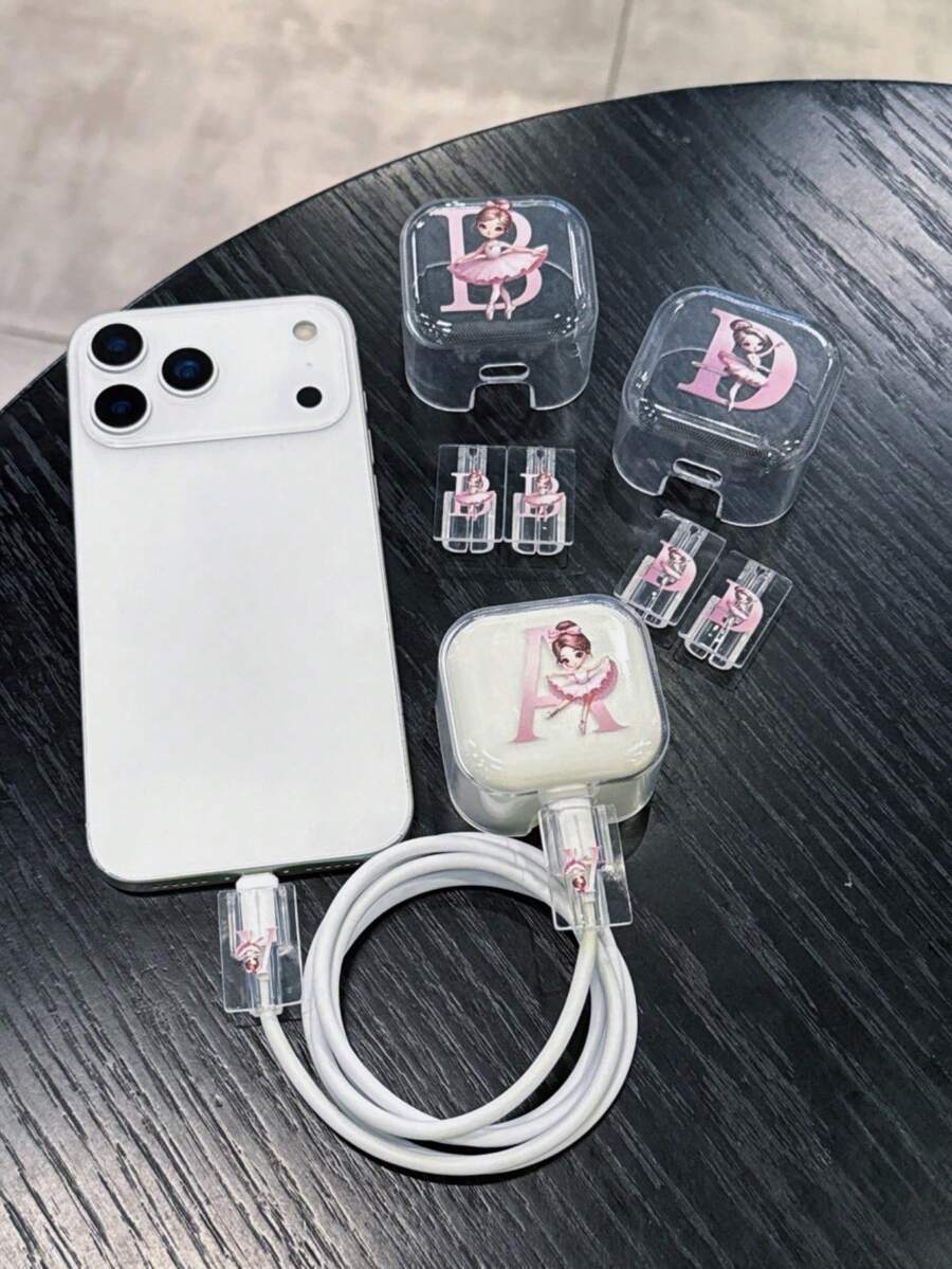 Pink Ballet Girl Pattern 3pcs Charging Cable Protector Set, UV Painted 26 Letter & Girl Pattern, Suitable For 20W Apple Fast Charger, UK 20W Charger, Charging Cable Protector Women Gift Birthday - Multicolor - View 1