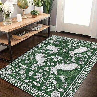1pc Green Bunny Easter Decorative Carpet, Washable Plush Area Rug - Soft, Plush, Non-Slip, Fade-Resistant, Floral Design - Suitable For Living Room, Bedroom, Office And Kitchen - Multiple Sizes Available, Living Room Carpet