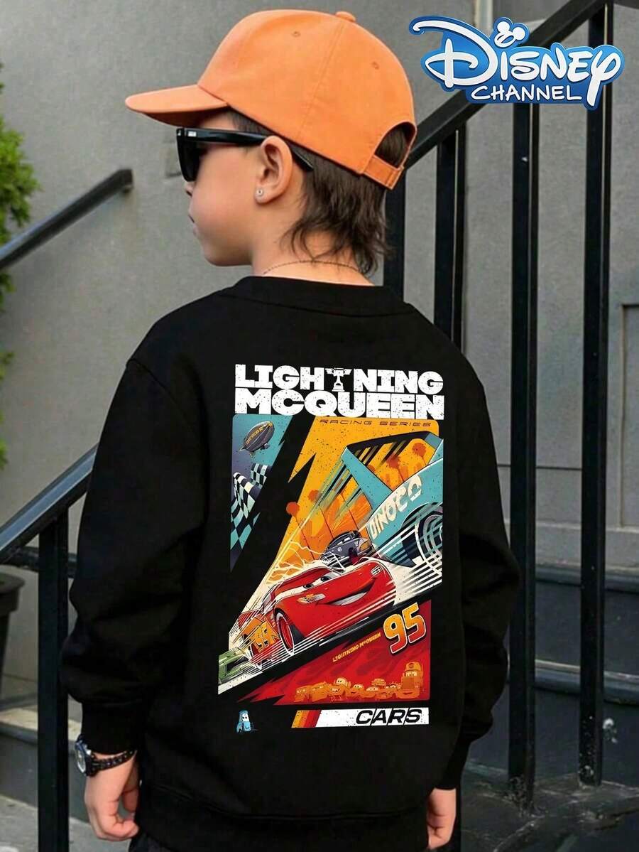 Disney Pixar Cars Lightning McQueen #95 Racing Design Hoodie - Street Style, Round Neck Casual Summer Top, Suitable For Both Boys And Girls, Perfect For Holiday Parties, Gatherings, Outdoor Activities, And Everyday Casual Wear. - 黑色 - 查看 1