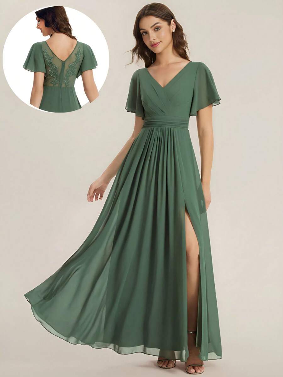 Elegant Chiffon V Neck Long Bridesmaid Dress With Short Flutter Sleeves And Ruched Waist Slit - Olive Green - View 1