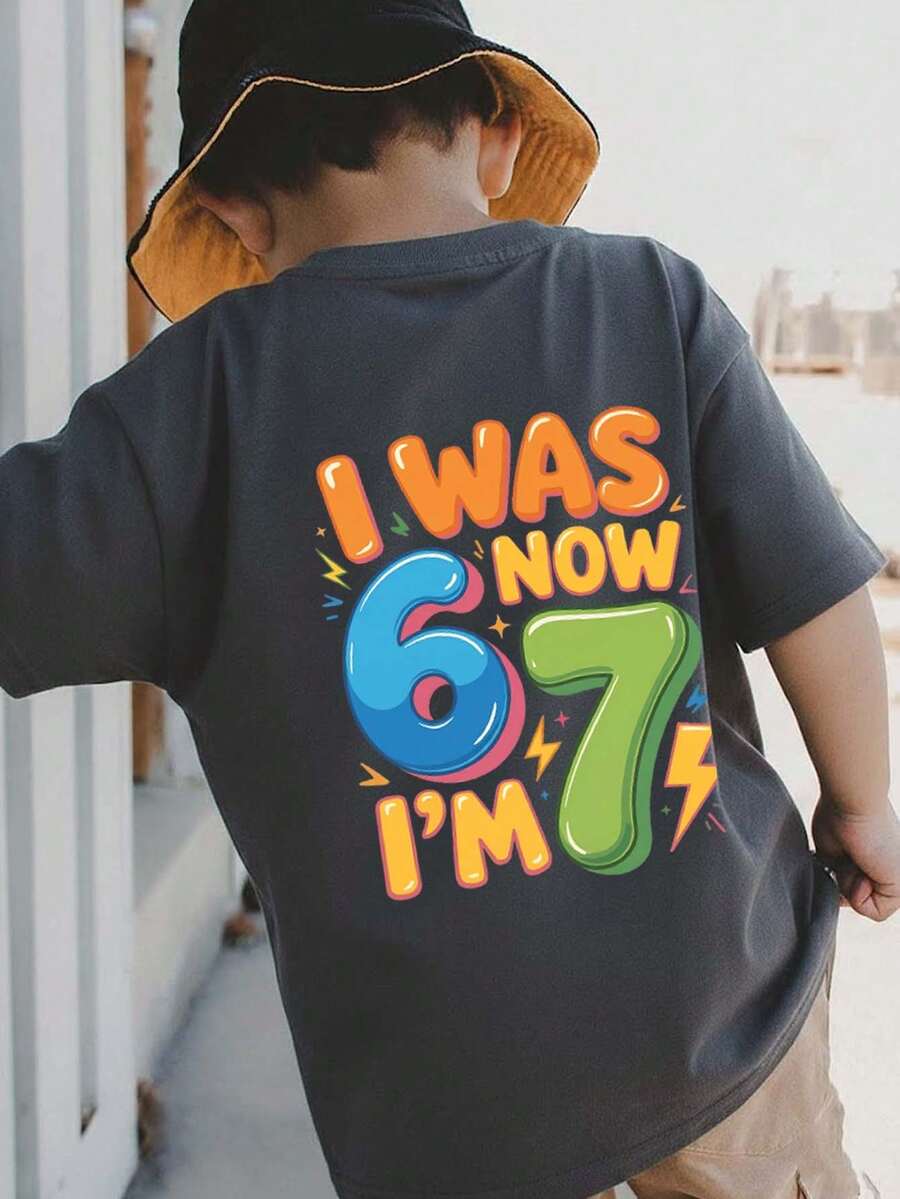 Young Boy Casual Graphic Print Crew Neck Short Sleeve T-Shirt, Summer Top - Dark Grey - View 1