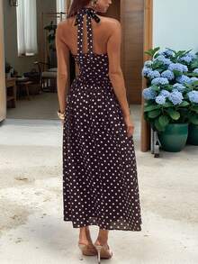 Petite Women's Polka Dot Print Bohemian Elegant Backless Bow Tie Mid-Length Dress, Zipper Back, Suitable For Casual, Holiday Wear - Coffee - View 6