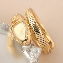 Vintage Mechanical Snake Design Bracelet Watch, European Style Oval Dial Wristwatch With Rhinestones, Stainless Steel Band Unisex Watch - 金,綠錶盤 - 查看 4