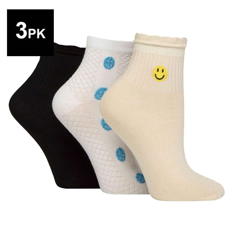 ELLE - 3 Pack Ladies Ribbed Frill Soft Anklet Socks - Smiles - View 1