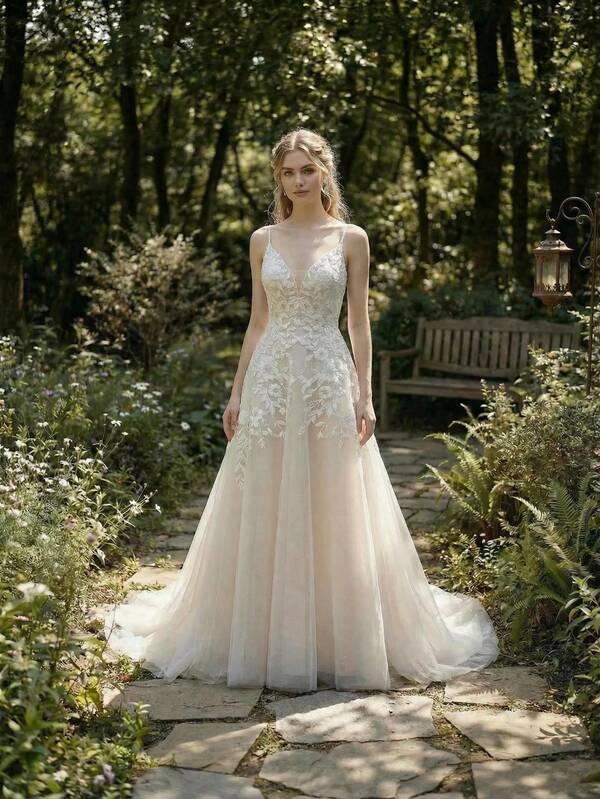 YOUKEFEIER Spaghetti Strap V-Neck Lace Embroidered Champagne Long Wedding Dress, Suitable For Outdoor, Lawn, Beach Weddings