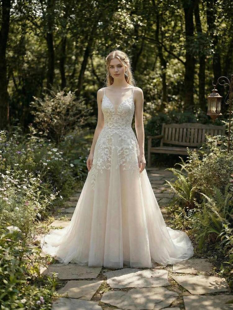 YOUKEFEIER Spaghetti Strap V-Neck Lace Embroidered Champagne Long Wedding Dress, Suitable For Outdoor, Lawn, Beach Weddings