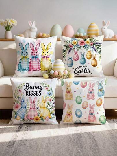 4 件套复活节抱枕套 - 粉彩复活节装饰，饰有兔子亲吻图案，拉链封口，适用于家居、厨房、派对 - 可机洗，复活节派对装饰 - 复活节礼物创意、复活节装饰品、节日家居点缀