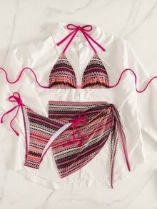 Bộ bikini hai mảnh kẻ sọc gợi cảm buộc dây phía trước dành cho nữ, thích hợp cho kỳ nghỉ biển. - Nhiều màu - Xem 5