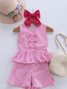 Children's Striped Set: Peplum Top With Bows + Striped Shorts - Hot Pink - View 5