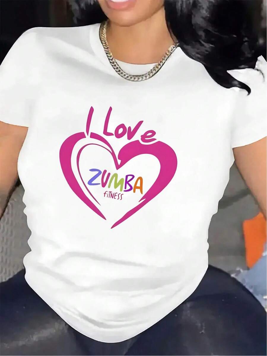 Women'S Zumba Dance Workout T-Shirt - Lightweight Breathable Gym & Home Workout Top With I Love Zumba Heart Design, Black With Pink & White Lettering, Durable For Zumba Classes, Fitness Training - All-Season Comfortable Athletic Shirt - 白色 - 查看 1