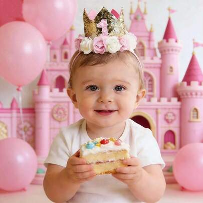 1件儿童一周岁生日派对粉色花朵生日帽，小皇冠数字1头饰，拍照道具，增添乐趣