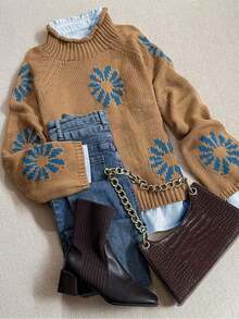 Autumn And Winter Fashion Casual Comfortable Warm Apricot Flower Pattern Knit High Neck Long Sleeve Loose Sweater Pullover - Màu Mù tạt vàng - Xem 11