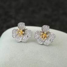 1 Pair Two-Tone Full CZ Paved Five-Petal Flower Stud Earrings Women's Daily Jewelry - Flower Earrings - View 6