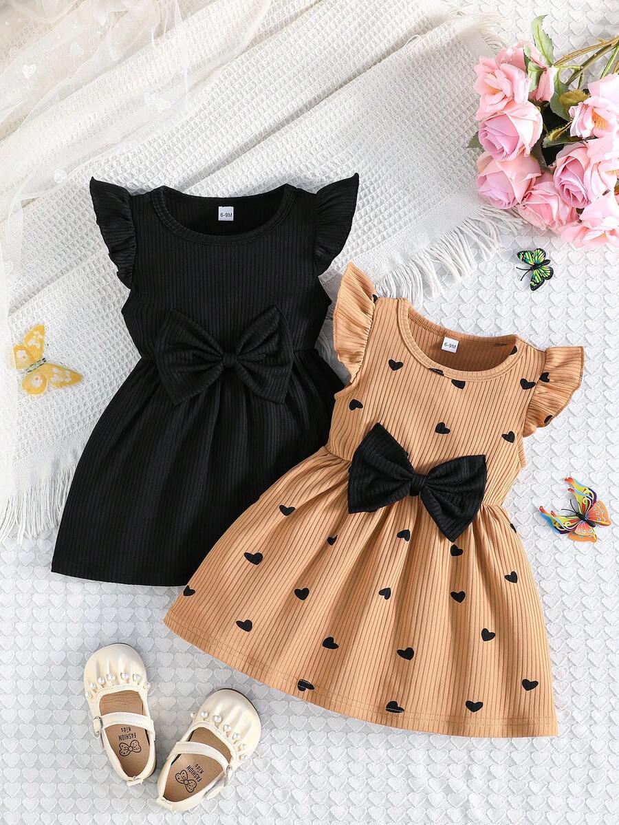 2pcs/Set Toddler Crew Neck Cap Sleeve Butterfly Print & Solid Ribbed Minimalist Cute Outfits, Spring/Summer