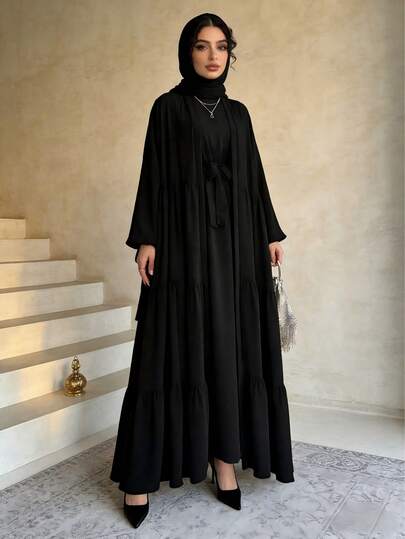 1 Set Elegant Abaya Dress, Including Dress And Belt - Chiffon Long Sleeve H-Line Abaya, Side Slit, Regular Length, Solid Color, Lantern Sleeve, Ruffle Hem - Traditional Modest Wear Suitable For All Seasons