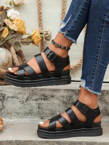 女士新款夏季时尚欧美风凉鞋，魔术扣海绵蛋糕软底休闲百搭平底鞋，沙滩凉鞋，厚底凉鞋 - 黑色 - 查看 5