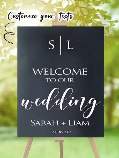 Customized 2D Acrylic Wedding Welcome Sign With Decorative Plaque And Ornaments - Designed With A Black Base, Suitable For Weddings, Anniversaries, Birthday Parties, Bridal Gift Events, Housewarming Celebrations
