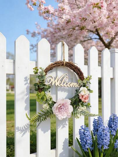 1pc Artificial Pink Peony & Rose Wreath Decor With Eucalyptus Green Leaves, Faux Greenery Wreath, Rustic Style Wall Hanging Decor, Suitable For Spring/Summer Home Decoration, Boho Style Door Wreath