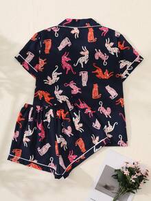 2 piezas Conjunto de pijama de mujer con top de manga corta con botones y cuello en V con estampado de gato y pantalones, conjunto de ropa de dormir de verano, cómodo para usar en casa. - Azul Marino - Ver 2