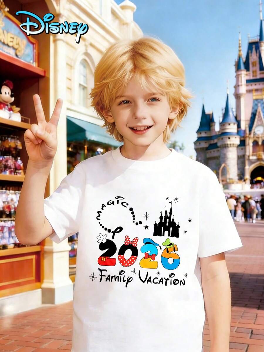Printed With Disney Mickey Mouse 2026 Pattern, Disney Officially Authorized High-Quality Children's T-Shirts, Perfect Gifts, Fashionable Casual Clothes, Children's Wear Boys, Boys' Gifts, Four Seasons, Creative And Personalized T-Shirts. - White - View 1