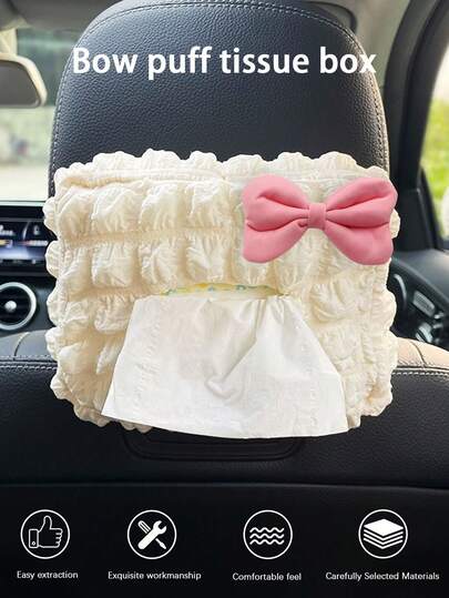 1pc Cute Bow Tissue Box Holder, Car Backseat Hanging Tissue Dispenser, Car Interior Armrest Box Tissue Storage Organizer