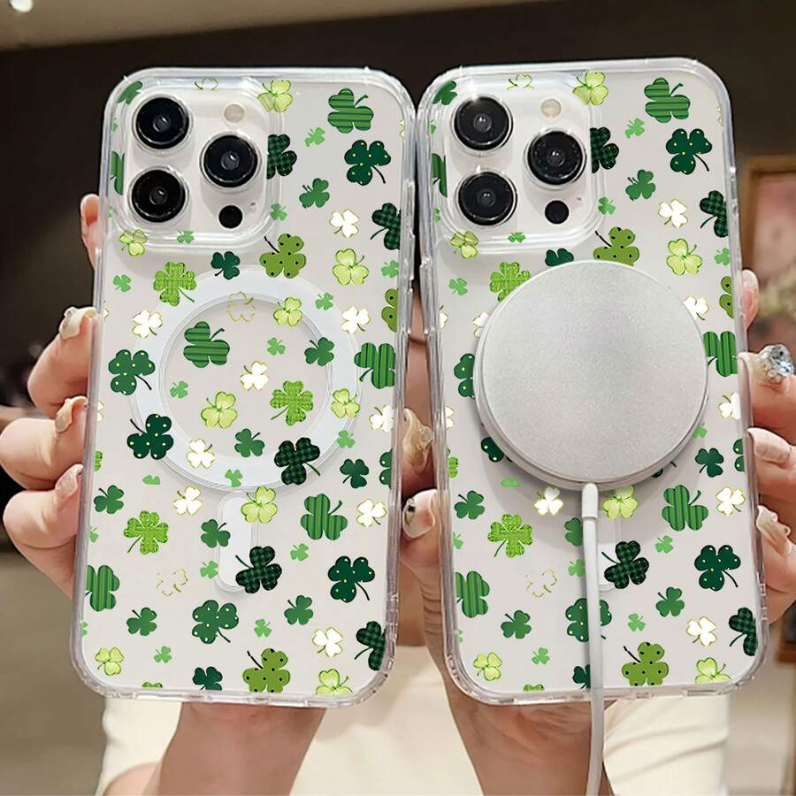 Shamrock Pattern Phone Case Compatible With Samsung Magnetic Phone Cases  17  16 Pro Max  15 Pro Max  13 And  12 Made Of TPU Material Providing Shock And Drop Protection A Great Gift For Family Friends Loved Ones Boyfriends/Girlfriends And For St. Patrick's Day - Silver CZ11 - View 1