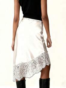 Womens Silk Satin Midi Skirts Casual Dressy Lace Hem High Waisted A-Line Skirt Elegant Party Cocktail Outfit - 白色 - 查看 6