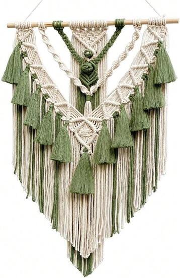 Macramé wandkleed 50x70 cm, boho geweven tapijt met groene kwastjes, bohemian wanddecoratie voor slaapkamer en woonkamer