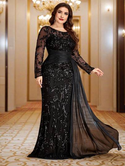 BluePlum High-Quality Stretchy Elegant Sequin Patchwork Super Slim Fit Round Neck Long Sleeve Sculpted Design Flowing Fabric Mermaid Hem Fitted Plus Size Formal Gown For Evening Party, Wedding Anniversary, Family Formal Dinner, Bridal, Birthday Celebration, Luxury High-End Mother Of The Bride Dress (Heavily Embellished)