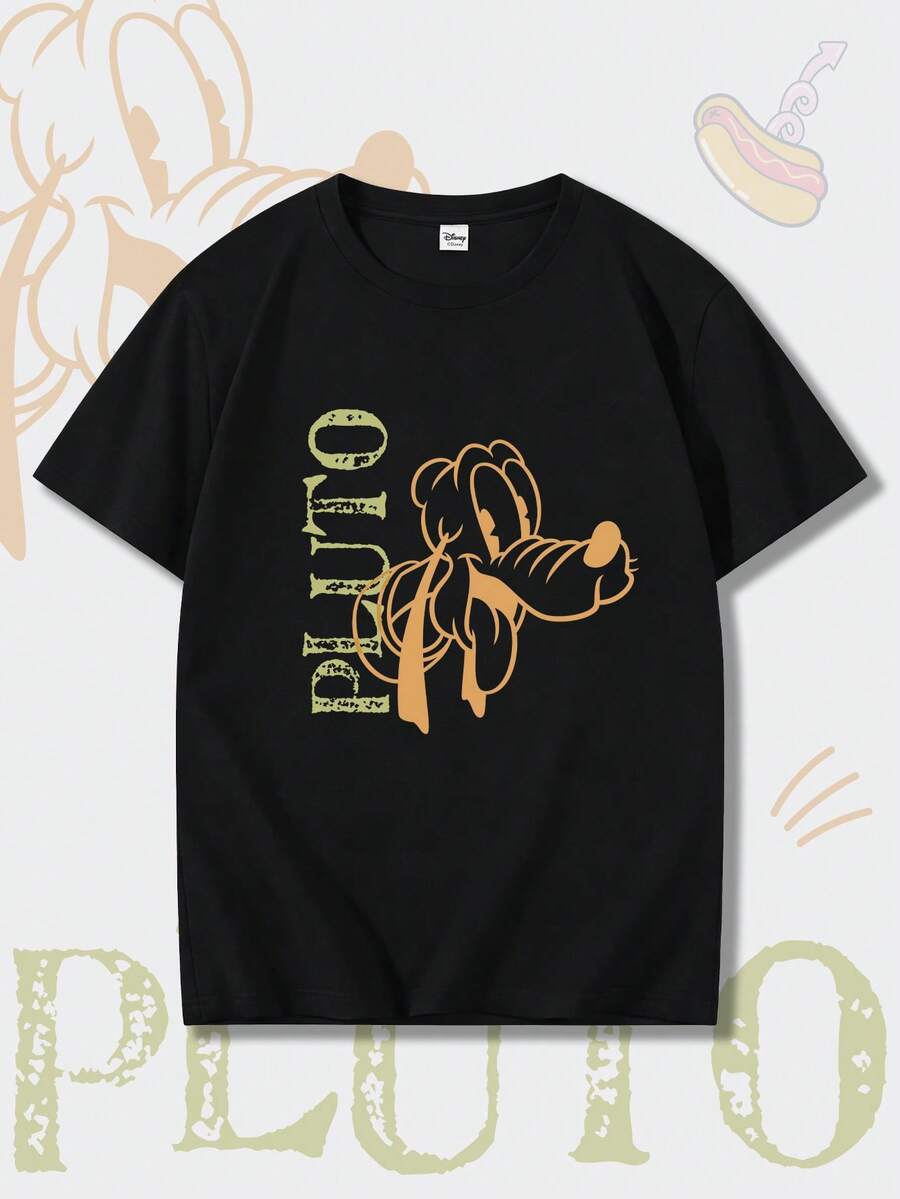Disney 男士冥王星T恤，采用做旧线条艺术和复古涂鸦印花，适合休闲穿着、海滩度假、男士时尚风格和狂欢节街头风格。 - 黑色 - 查看 1