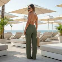 Women's Beach Cover-Up Pants With Cutouts, Summer Fashion, Ideal For Layering Over A Bikini, Swimsuit, Beach, Pool, Risorte - 軍綠色 - 查看 3