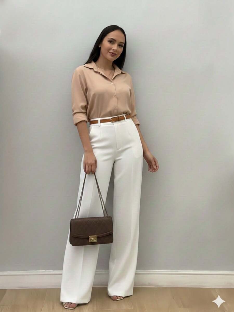 Conjunto Alfaiataria Feminino Branco 3 Peças | Calça Pantalona + Camisa Social | Trabalho Profissional - Calça branca camisa nude - Visão 1