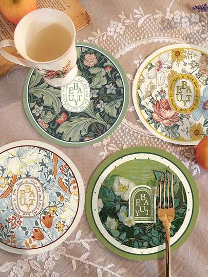 1Pc Vintage Floral Printed Fabric Coasters With Elegant Temperament For Dining Tables Strong Water Absorption Heat Insulation Anti Scalding Easy Cleaning Anti Slip Simple Circular Design
