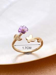 1pc 18K Gold Plated Natural Freshwater Pearl & Cubic Zirconia Adjustable Ring, Mother's Day, Valentine's Day, Birthday, Wedding Bride Gift - Purple Flowers - View 4