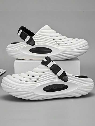 Men Hollow Out Beach Sandals, Soft Thick Sole Anti-Slip Outdoor Sport Sandals, Wear-Resistant Toe Cover, Suitable For Summer Big Size