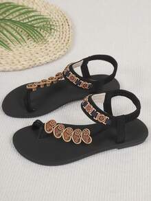 1 Đôi sandal chiến binh kiểu Bohemian cổ điển với nhẫn ngón chân hình trái tim và hoa. - màu đen - Xem 6