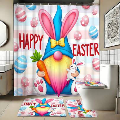 1/3/4pcs Easter Gradient Rainbow Rabbit Gnome Bathroom Set, Bathroom Shower Curtain Set. This Decorative Bathroom Set Includes A Shower Curtain, U-Shaped Toilet Mat, Non-Slip Floor Mat, Toilet Lid Cover, And 12 Shower Curtain Hooks. It's Suitable For Housewarming, Birthdays, Holidays, And As A Gift For Couples